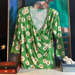 LaLamour Green Daisy Print Cottagecore Floral Faux Wrap Top SZ M